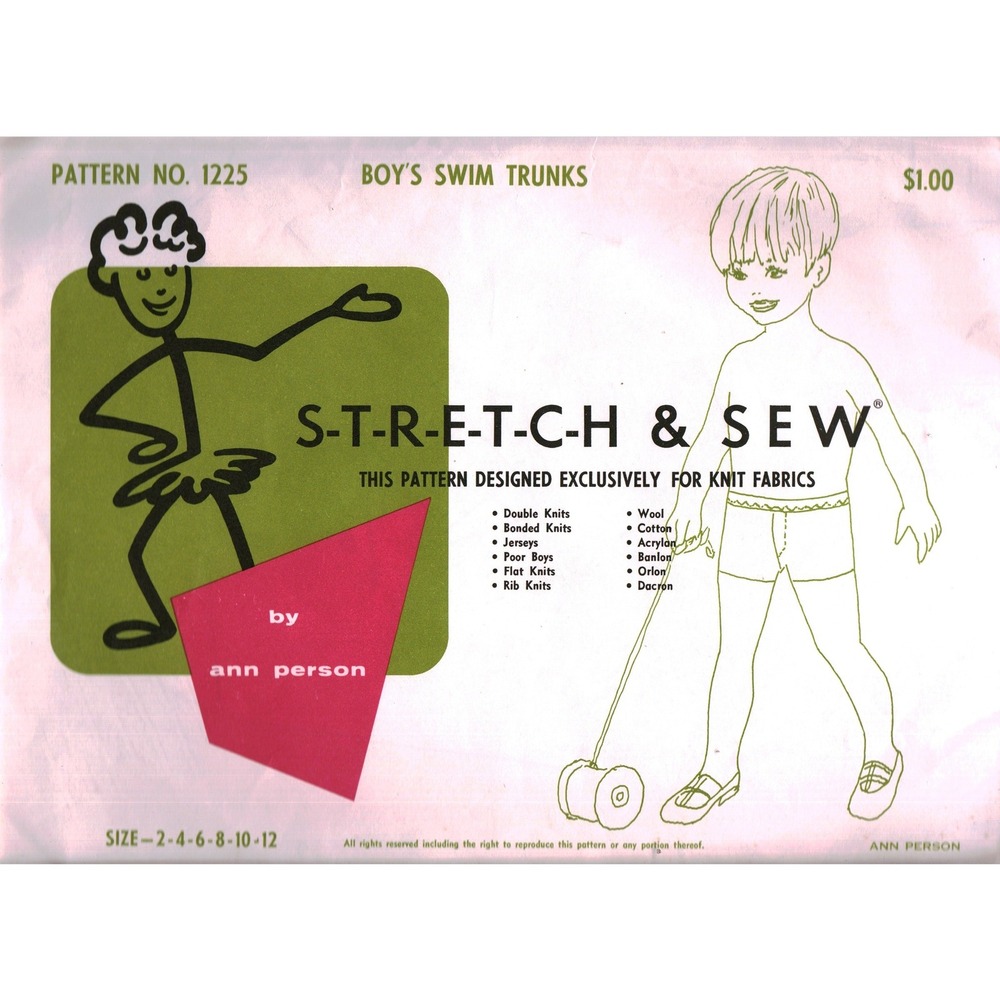 Ann Person Stretch & Sew Pattern 1225 Boys Swim Trunks Sizes 2-12 Vintage Knit